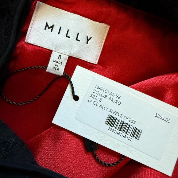 NEW Milly Ally Lace Sleeve Dress Black Red Size 8 Lace Cocktail Dahlia NWT - Picture 7 of 10